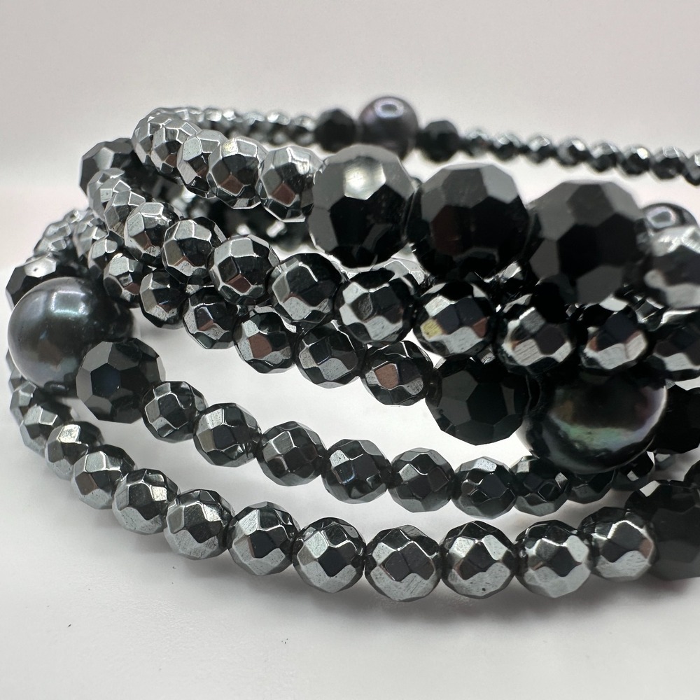 Vintage Y2K Gunmetal Faceted Beaded Wrap Bracelet Statement Women's Jewelry 90s